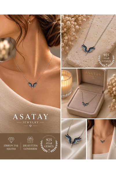 ASATAY 925 Ayar Gümüş Melek Tasarım Kadın Kolye Sertifikalı Premium Kadife He...