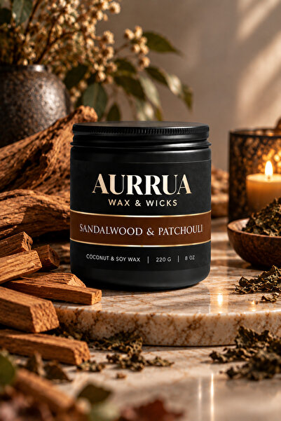 WAX & WICKS Sandalwood & Patchouli Kokulu Soya Hindistan Cevizi Mum 220 g – Dekoratif Kokulu Mum