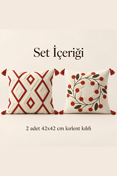 Geometrik ve Çelenk Desenli Gizli Fermuarlı Püsküllü Dekoratif Kırlent Kılıfı Seti 42x42 cm
