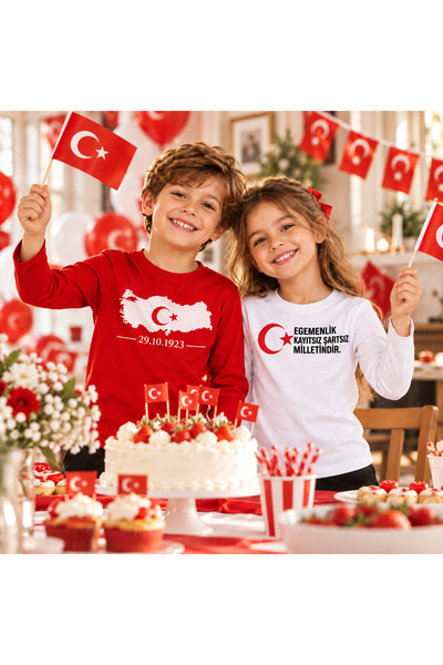 29 Ekim Cumhuriyet Bayramı Unisex Çocuk 2'li Uzun Kollu Tişört Seti Kırmızı Beyaz