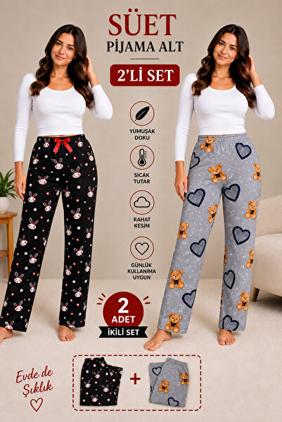 MiŞa adella Kadın Süet Pijama Altı 2’li Set – Yumuşak Dokulu, Sıcak Tutan, Ra...