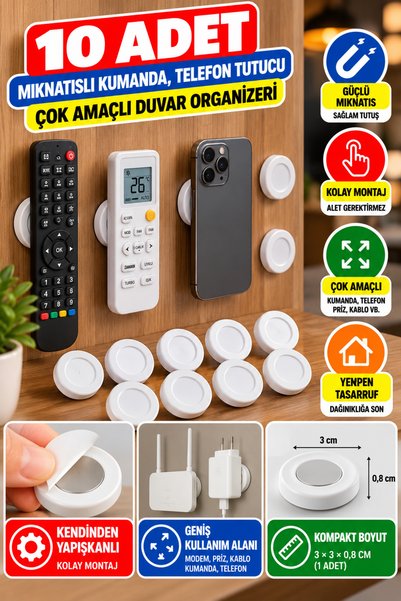 Hane Dostu 10 Adet Mıknatıslı Kumanda ve Telefon Tutucu Yapışkanlı Duvar Orga...