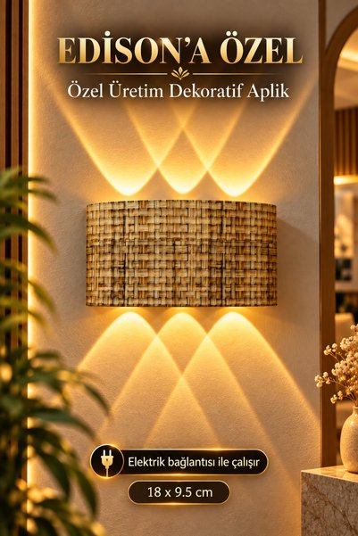 Edison Aplik Bohem Hasır Desenli LED Duvar Lambası Amber Işık 220V Elektrik B...