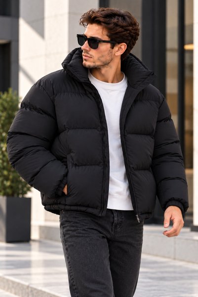 tach Erkek Siyah Astarlı Slimfit Su ve Rüzgar Geçirmez Dik Yaka Şişme Mont