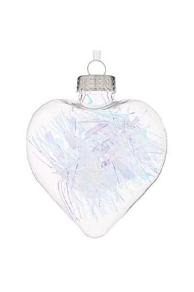 OEM Christmas Tree Ornament Transparent Heart with Iridescent Tinsel 8cm
