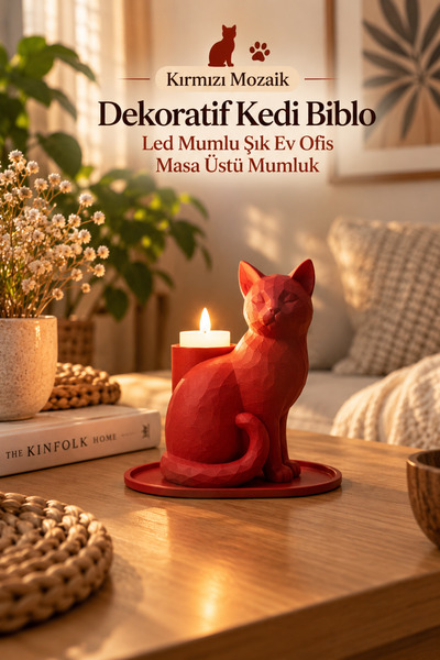 Madam Mumu Kırmızı Mozaik Dekoratif Kedi Biblo Led Mumlu Şık Ev Ofis Masa Üst...