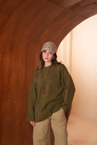 Balenbi Women's Crew Neck Loose Cut Basic Jazz Yarn Knitwear Tunic 8619 Khaki
