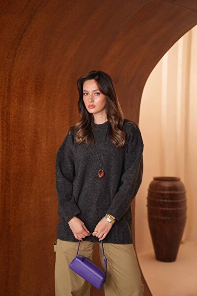 Balenbi Women's Crew Neck Loose Cut Basic Jazz Yarn Knitwear Tunic 8619 Smoked