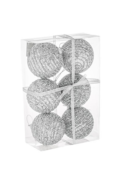 OEM Set Globuri de Craciun Argintii cu Siret Glitter Ø8cm - 6buc