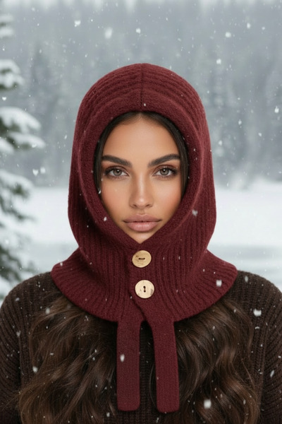 GİYU SHOP Women's Winter Ribbed Buttoned Balaclava Neck Collar Beanie Hat