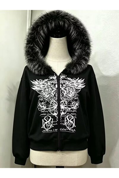 Köstebek Fur Hooded Angel Wings Gothic Zipper Cardigan