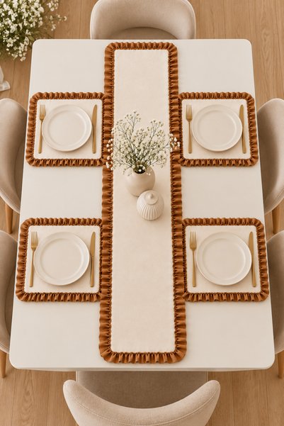 ZİLCA HOME 4 Person 5 Piece Ruffled Runner and Square Placemat Tablecloth Set – Brick Color
