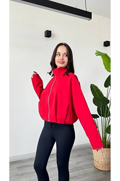 modadagiyim Women's Red Zippered Pocketed Lined Stylish and Comfortable Bombe...