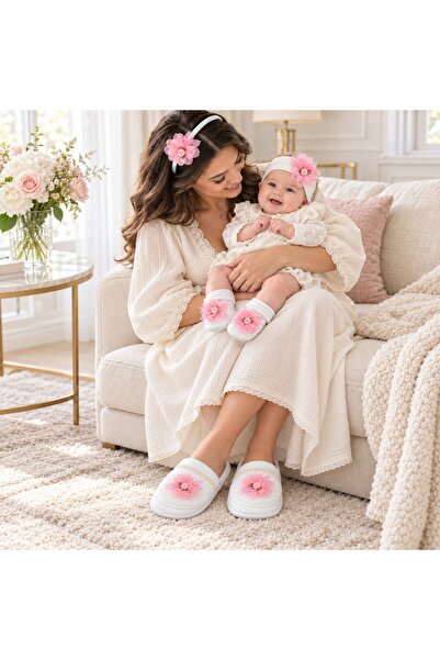 Pure Boutique Σετ δώρου μητέρας και μωρού με παντόφλες, καλτσάκια και ροζ φλο...