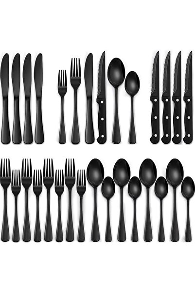 EWFEN 24 Pieces Black Silver Utensils Set with Steak Knives Black Dishes for ...