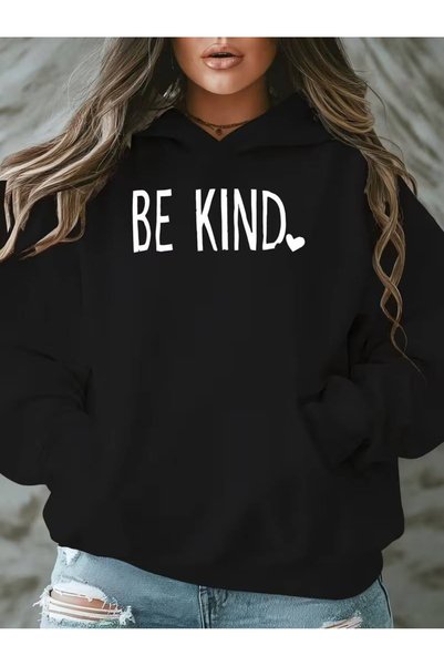 one button Women's Cute Be Kind Printed Premium Hooded 2-Thread Oversize Swea...