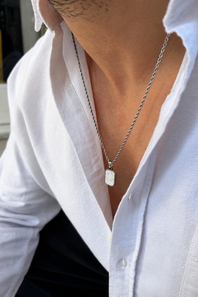 Fjellor Hylaron Silver Color Stainless Steel White Natural Stone Cornered Rec...
