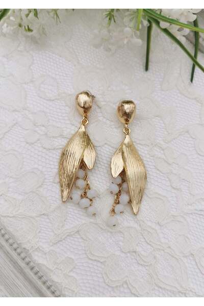 Halley Concept Leaf Detailed White Beaded Earrings 8X2 cm