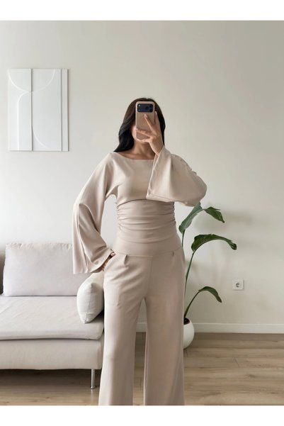 Zoom Butik Bel Büzgü İspanyol Kol Takım - BEJ