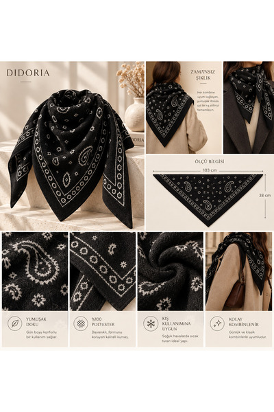 Didoria Accessory Kadın Bandana Desenli Triko Üçgen Şal Paisley Fular Kışlık ...