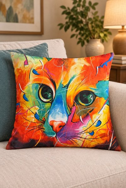 Miss Boheme Orange Color Big-Eyed Cat Portrait Decorative Pillowcase