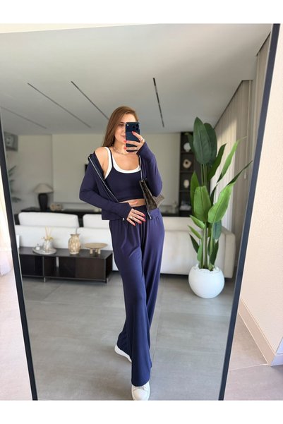 Genel Markalar Kadın Lacivert Fermuarlı 3’lü Takım – Crop Atlet, Sweatshirt ve Bol Paça Pantolon