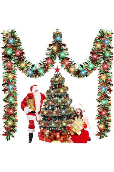 Winsoyya 16.4 ft Christmas Tinsel Garland Lighted Metallic Twist Tree Decorat...