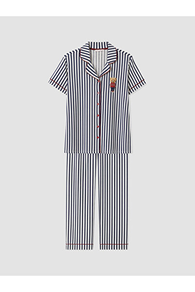 LC Waikiki Ozmarka New Season Navy Blue Bear Teddy Printed Women's Pajama Set