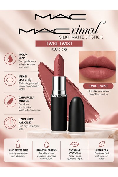 M.A.C MACximal Silky Matte Lipstick TWİG TWİST 3.5 g – İpeksi Mat Doku ve Yoğ...