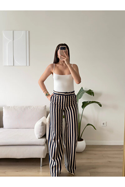 Zoom Butik Çizgili Gabardin Pantolon - LACİVERT