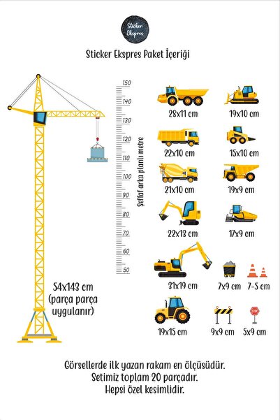 Sticker Ekspres İş Makineleri Boy Cetveli Boy Ölçer Çocuk Bebek Odası Duvar Sticker Seti