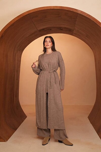 Balenbi Women's Knitwear Fabric Belted Basic 3-Piece Abaya Set 8617 Mink