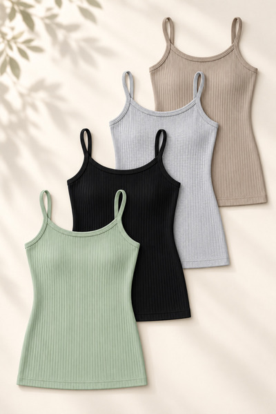 BUTİK1AVM Women's Tank Tops 4-Pack with String Straps 100% Cotton Ribbed Flexible