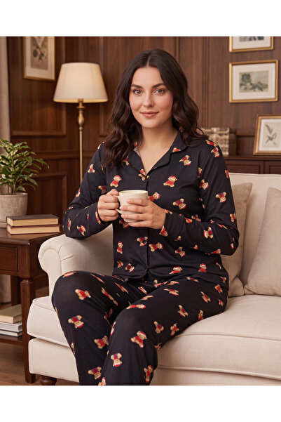 Kadın Uzun Kollu Gömlek Yaka Süprem Kumaş Pamuklu Ayıcık Desenli Pijama Takımı - Siyah