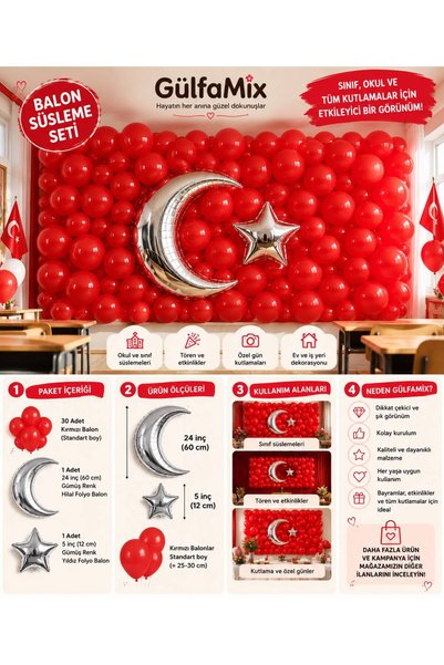 GÜLFAMİX Ay Yıldız Folyo Balon + Kırmızı Balonlar Süsleme Seti - 29 Ekim 23 N...