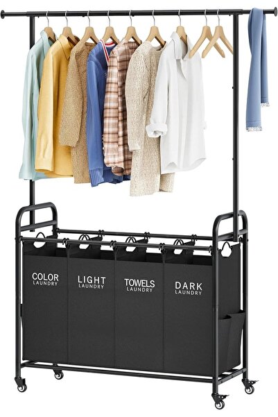 Tajsoon Laundry Sorter Cart with Hanging Clothes Rack, 4 Butler Sorter Basket...