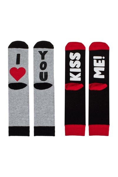 OEM Șosete gri/negru cu mesaje pe talpă (37-42), 2 perechi – I Love You/Kiss Me