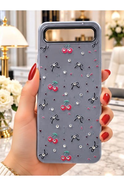 CaseTechnoo İnfinix Smart 10 Plus Uyumlu Lüks &Parlak Taşlı Kiraz ve Fiyonk D...