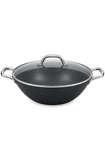 Bin Shihon مقلاة ووك (Wok) مقاس 32سم مصنوعة من مادة الزهر مزودة بغطاء زجاجي ب...