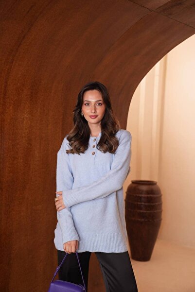 Balenbi Women's Polo Collar Loose Cut Basic Jazz Yarn Knitwear Tunic 8442 Blue