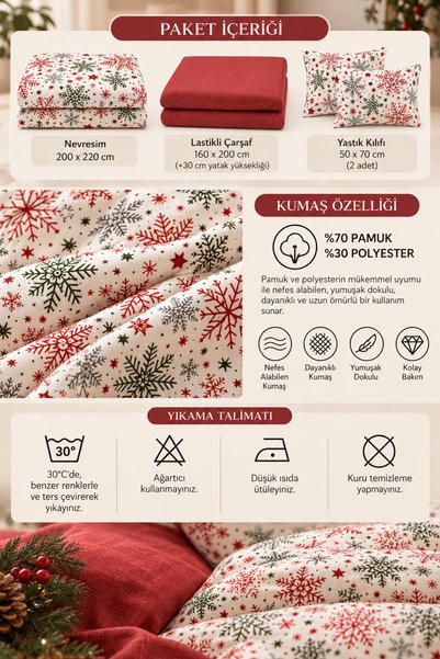 MyStory Home Lastikli Çarşaflı Çift Kişilik Nevresim Takımı Christmas Red