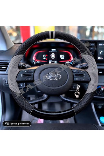 HasAkman Hyundai i20 Dikme Direksiyon Kılıfı Delikli Deri Parlak Siyah Gri De...