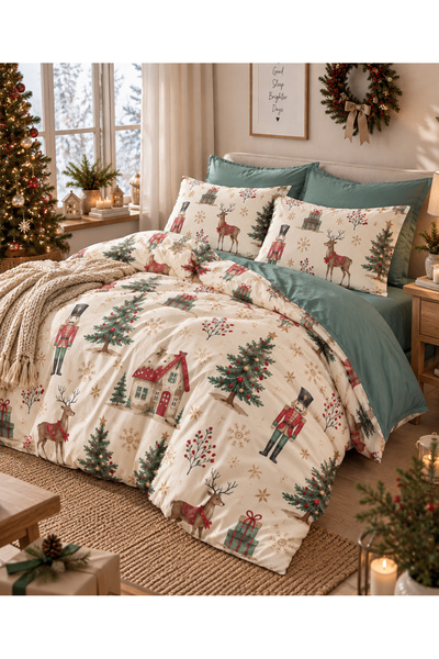 MyStory Home Lastikli Çarşaflı Çift Kişilik Nevresim Takımı Nutcracker Green