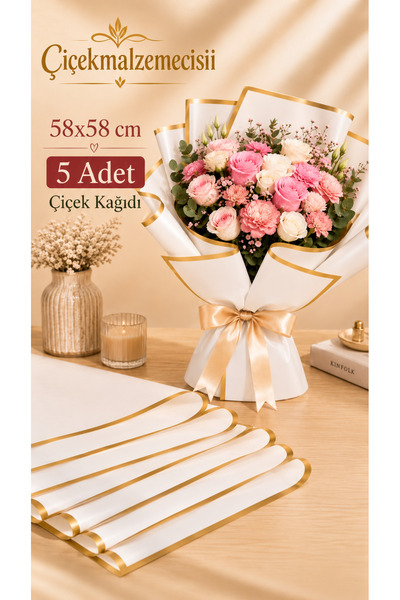 KLC Çiçek Malzemecisii Çiçek Ambalaj Kağıdı Beyaz Altın Kenarlı 5 Adet 58x58 ...