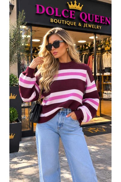 DOLCE QUEEN سترة تريكو نسائية مخططة برقبة دائرية