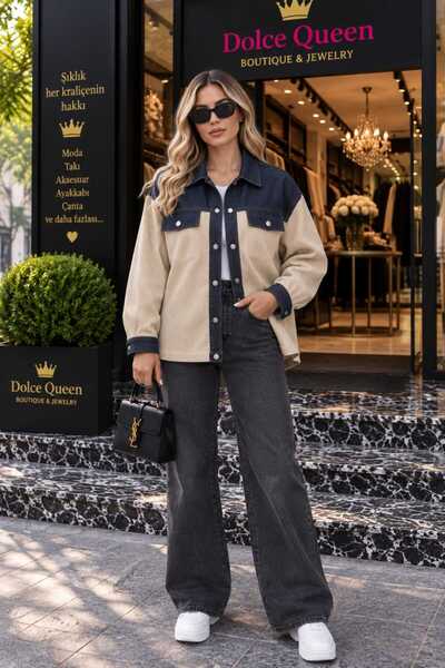 DOLCE QUEEN Women's Denim Detailed Velvet Shirt Jacket