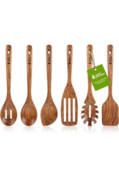 GENERAL AIUHI Wooden Utensils Set of 6, Teak Wood Kitchen Utensils Set for No...