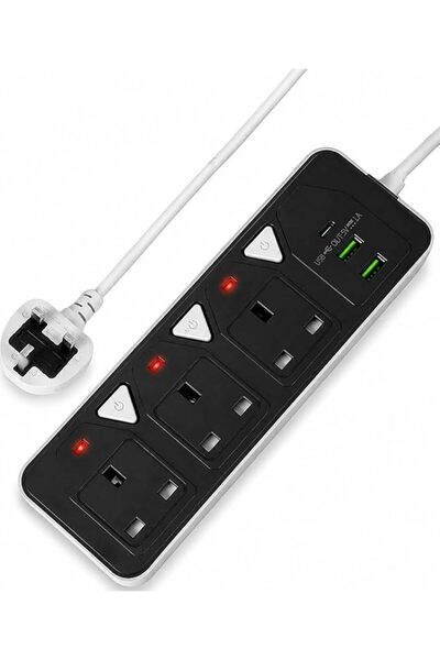 Generic شريط طاقة بثلاثة منافذ بريطانية، منفذين USB، ومنفذ Type C واحد، مع مف...