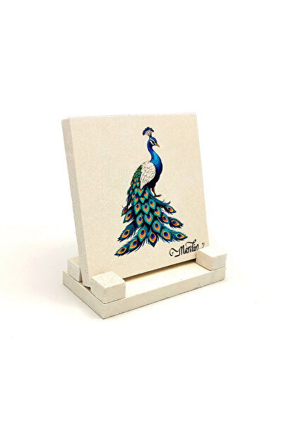 Sadrazam Mardin Peacock Printed Natural Stone Tabletop 10X10 1G-Tavus2M