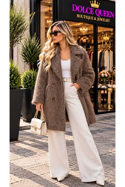 DOLCE QUEEN Kadın Tüylü Dokulu Oversize Düğmeli Kaban
